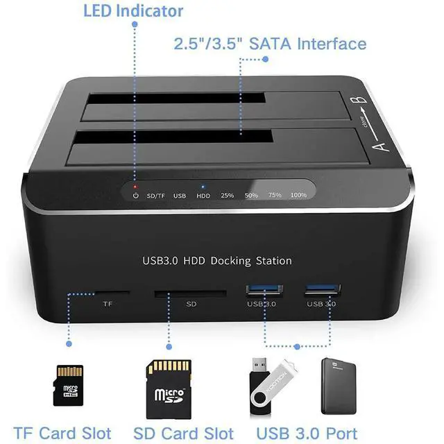Alt view image 3 of 7 - SSD 2.5/3.5 inch HDD Enclosure Hard Drive Card Reader Aluminum External SATA IDE SSD HDD Docking Station Dual Bay Offline Clone with 2 *USB 3.0 Hub SD/CF Support 2 * 16TB Max