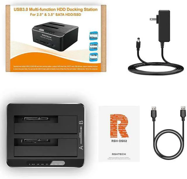 Alt view image 7 of 7 - SSD 2.5/3.5 inch HDD Enclosure Hard Drive Card Reader Aluminum External SATA IDE SSD HDD Docking Station Dual Bay Offline Clone with 2 *USB 3.0 Hub SD/CF Support 2 * 16TB Max