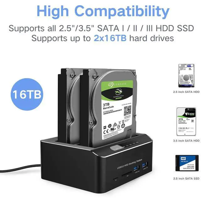 Alt view image 5 of 7 - SSD 2.5/3.5 inch HDD Enclosure Hard Drive Card Reader Aluminum External SATA IDE SSD HDD Docking Station Dual Bay Offline Clone with 2 *USB 3.0 Hub SD/CF Support 2 * 16TB Max