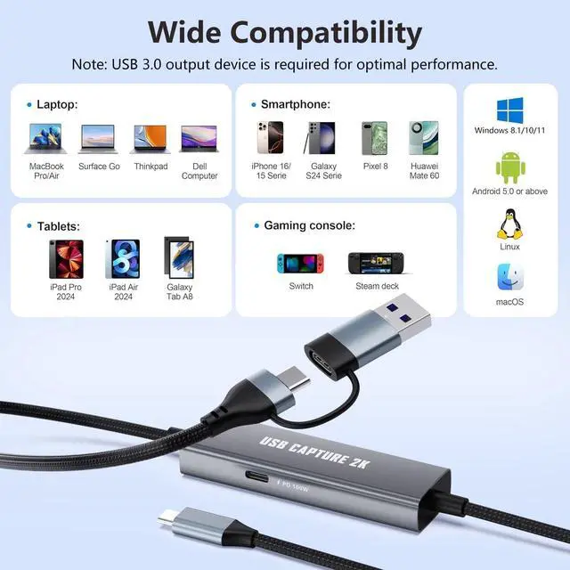 Alt view image 5 of 7 - 1080P 60FPS 2K@30Hz Capture Card, Type C to USB-A/C Video Capture Card USB 3.0 with 100W Power Delivery Ultra-Low Latency for Streaming, Recording, Gaming Compatible with Switch, iPad, Steam