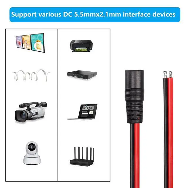 Alt view image 5 of 5 - DC5521 Power Pigtails Cable, 3.2FT 14AWG 5.5mm x 2.1 mm DC Female Bare Wire Open End Power Wire,DC Supply Repair Cable for CCTV Security Camera LED Strip Light Etc(2-Pack) (1m Black-F)