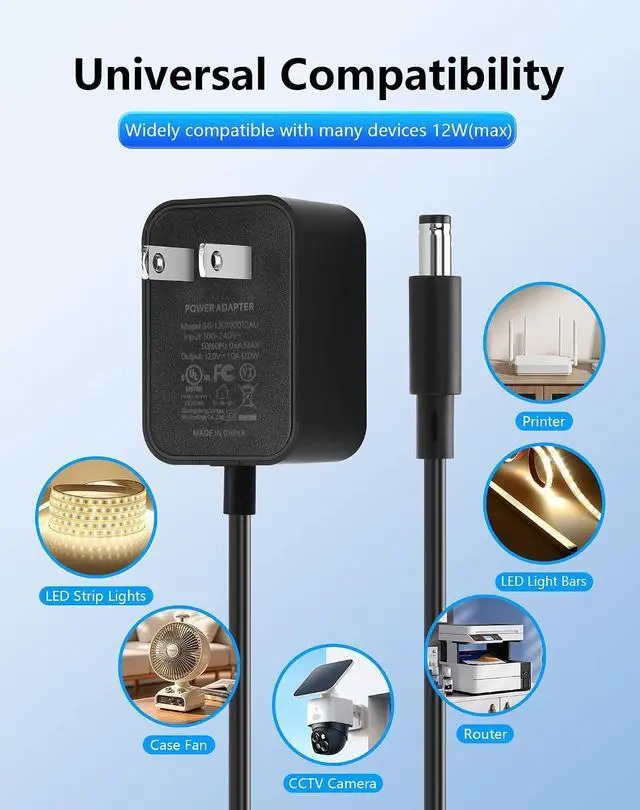 Alt view image 3 of 7 - 12V 1A 12W Power Supply AC to DC 5.5 x 2.1mm Adapter, 100-240V 50-60Hz AC to DC5521 12 V Cord for CCTV Camera,Speakers, LED Strip Light - 4.92 FT