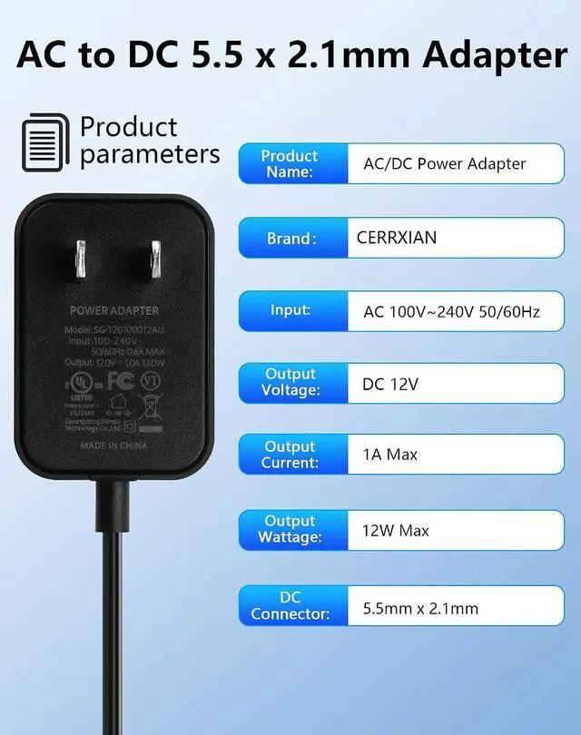 Alt view image 2 of 7 - 12V 1A 12W Power Supply AC to DC 5.5 x 2.1mm Adapter, 100-240V 50-60Hz AC to DC5521 12 V Cord for CCTV Camera,Speakers, LED Strip Light - 4.92 FT