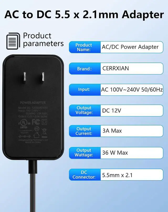 Alt view image 2 of 7 - 12V 3A 36W Power Supply AC to DC 5.5 x 2.1mm Adapter, 100-240V 50-60Hz AC to DC5521 12 V Cord for CCTV Camera,Speakers, LED Strip Light - 4.92 FT