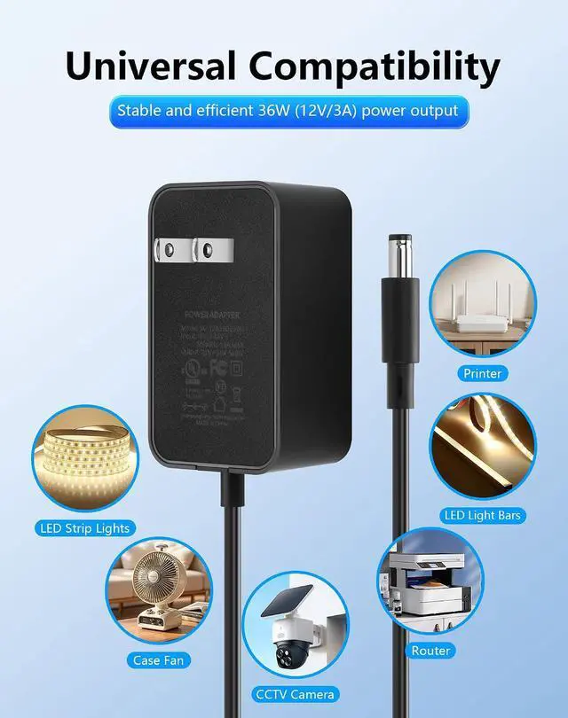 Alt view image 3 of 7 - 12V 3A 36W Power Supply AC to DC 5.5 x 2.1mm Adapter, 100-240V 50-60Hz AC to DC5521 12 V Cord for CCTV Camera,Speakers, LED Strip Light - 4.92 FT