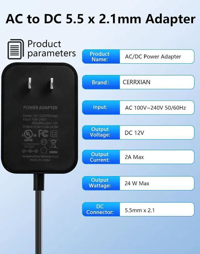 Alt view image 2 of 7 - 12V 2A 24W Power Supply AC to DC 5.5 x 2.1mm Adapter, 100-240V 50-60Hz AC to DC5521 12 V Cord for CCTV Camera,Speakers, LED Strip Light - 4.92 FT