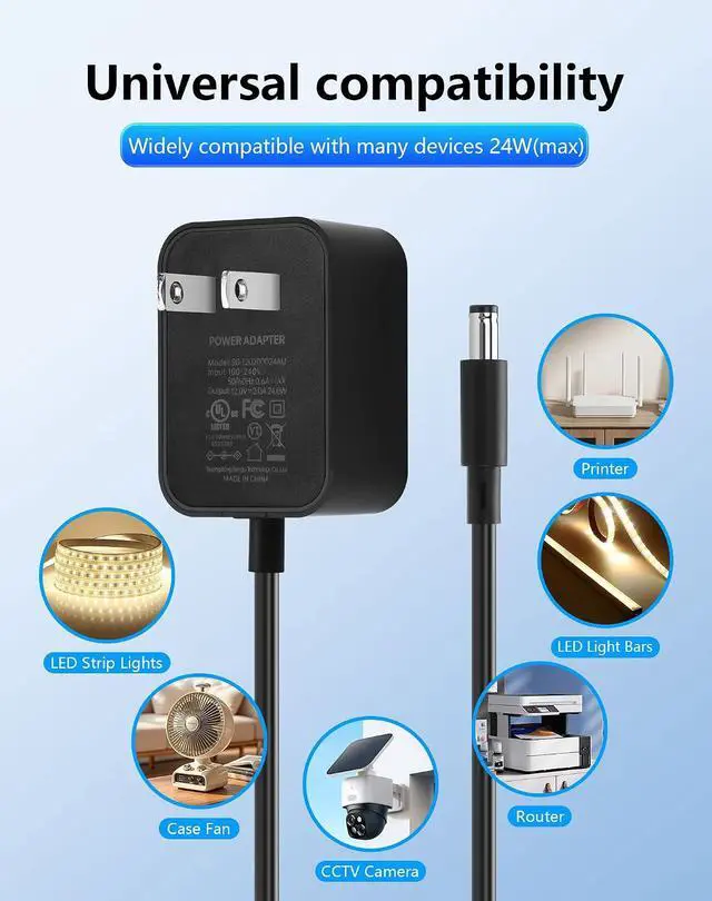 Alt view image 3 of 7 - 12V 2A 24W Power Supply AC to DC 5.5 x 2.1mm Adapter, 100-240V 50-60Hz AC to DC5521 12 V Cord for CCTV Camera,Speakers, LED Strip Light - 4.92 FT