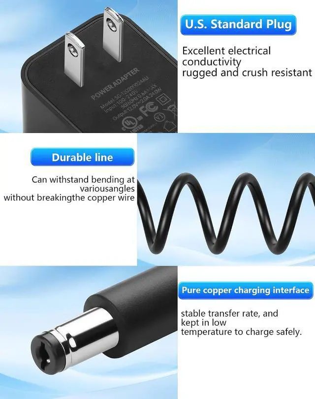 Alt view image 5 of 7 - 12V 2A 24W Power Supply AC to DC 5.5 x 2.1mm Adapter, 100-240V 50-60Hz AC to DC5521 12 V Cord for CCTV Camera,Speakers, LED Strip Light - 4.92 FT