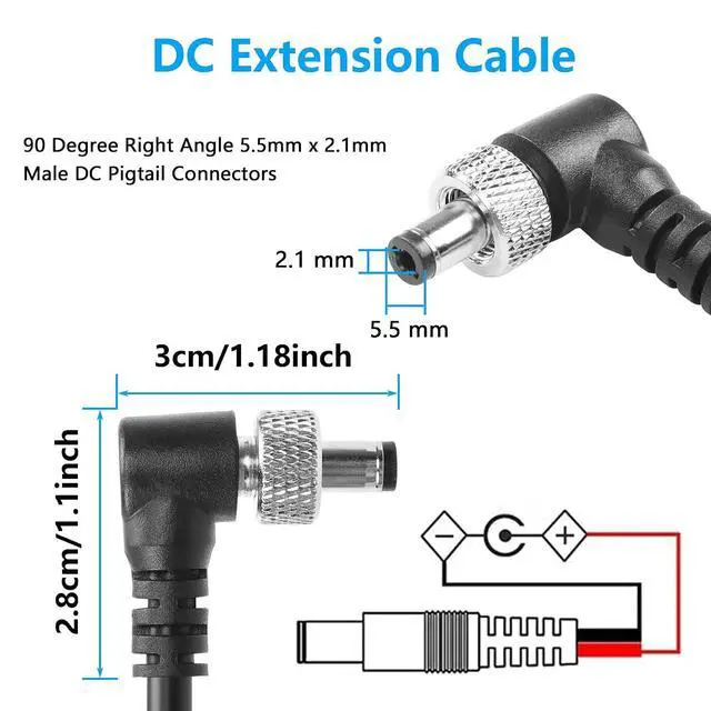 Alt view image 2 of 7 - DC Power Pigtails Cable, 90 Degree Right Angle 5.5mm x 2.1mm Male DC Pigtail Connectors for Led Strip,Security Camera Wire 12V 5A (1.64FT-2PCS)