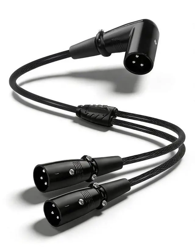 Main image of Right-Angle XLR Male to Dual Male Y Splitter Cable, Balanced XLR Splitter 1 Male to 2 Male Microphone Cord Audio Adaptor - 1.64FT / 0.5M