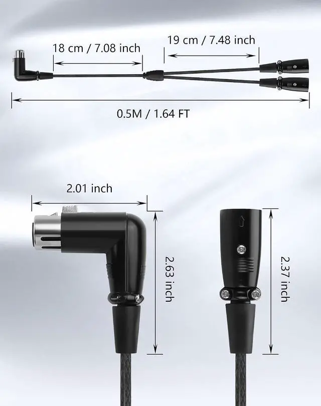 Alt view image 7 of 7 - Right-Angle XLR Female to Dual Male Y Splitter Cable, Balanced XLR Splitter 1 Female to 2 Male Microphone Cord Audio Adaptor - 1.64FT / 0.5M