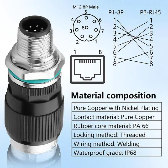 Alt view image 2 of 7 - RJ45 to M12 8 Pin Adapter,M12 8Pin Male to RJ45 Female Ethernet Connector,IP68 Waterproof,for Automation Systems,Plug and Play