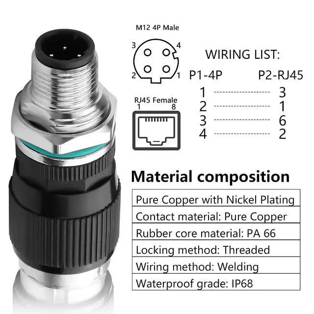 Alt view image 2 of 7 - RJ45 to M12 4 Pin Adapter,M12 4Pin Male to RJ45 Female Ethernet Connector,IP68 Waterproof,for Automation Systems,Plug and Play