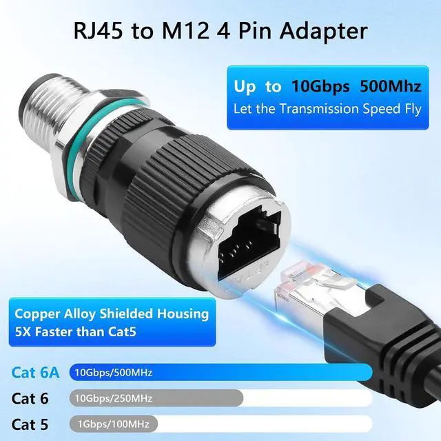 Alt view image 4 of 7 - RJ45 to M12 4 Pin Adapter,M12 4Pin Male to RJ45 Female Ethernet Connector,IP68 Waterproof,for Automation Systems,Plug and Play
