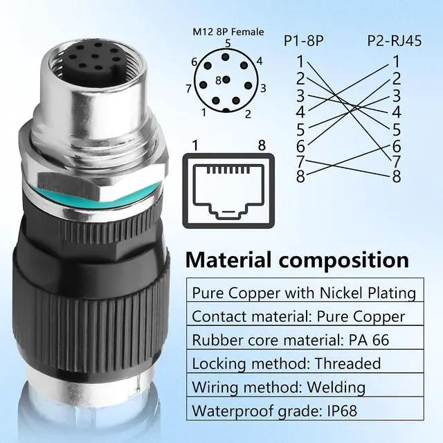 Alt view image 2 of 7 - RJ45 to M12 8 Pin Adapter,M12 8Pin Female to RJ45 Female Ethernet Connector,IP68 Waterproof,for Automation Systems,Plug and Play