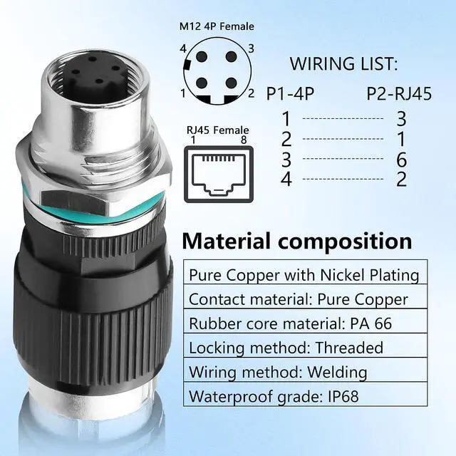 Alt view image 2 of 7 - RJ45 to M12 4 Pin Adapter,M12 4Pin Female to RJ45 Female Ethernet Connector,IP68 Waterproof,for Automation Systems,Plug and Play