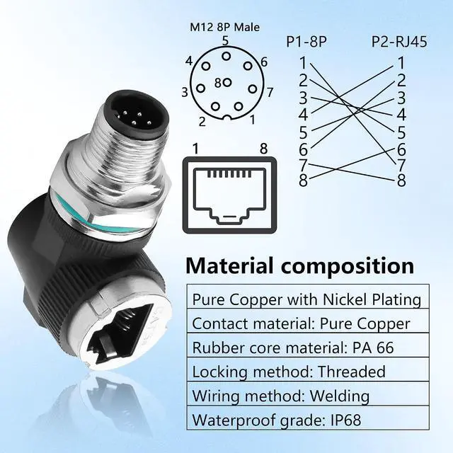 Alt view image 2 of 7 - Right Angle RJ45 to M12 8 Pin Adapter,M12 8Pin Male to RJ45 Female Ethernet Connector,IP68 Waterproof,for Automation Systems,Plug and Play