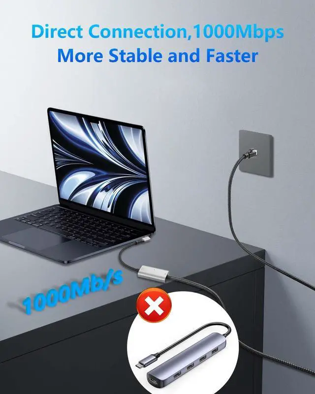 Alt view image 2 of 7 - USB C to Ethernet Cable 6.5 FT, Gigabit RJ45 LAN to 90 Degree Right Angle USB C Adapter, Directly Connected Cat Network Cable Converter to Type C Cable Support USB-C Port Laptops