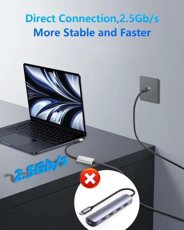 Alt view image 2 of 7 - USB C to 2.5 Gbps Ethernet Cable 6.5 FT, Gigabit RJ45 LAN to 90 Degree Right Angle USB C Adapter, Directly Connected Cat Network Cable Converter to Type C Cable Support USB-C Port Laptops