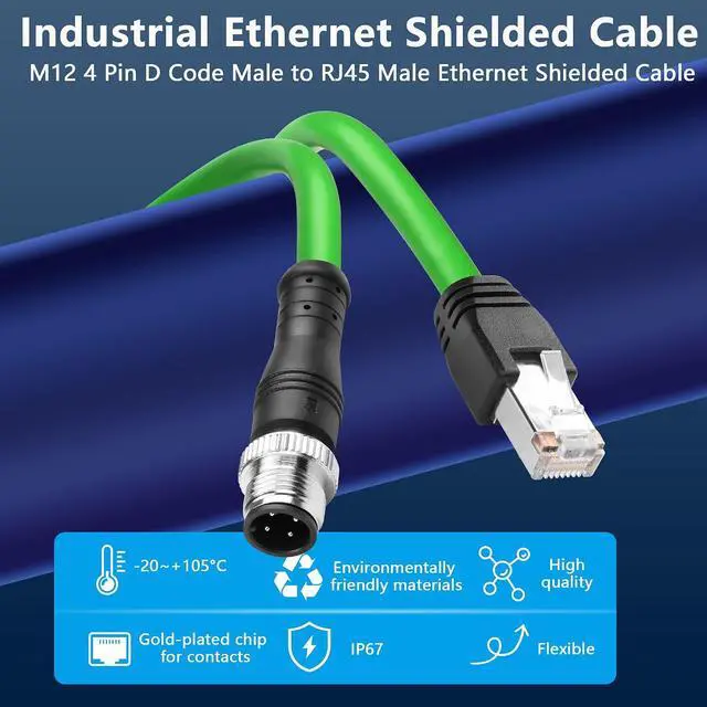 Alt view image 6 of 7 - M12 to RJ45 Ethernet Cable, M12 4 Pin D Code Male to RJ45 Male Cat5e Industrial Ethernet Shielded Cable SFTP 4PR 26AWG 3.2Ft