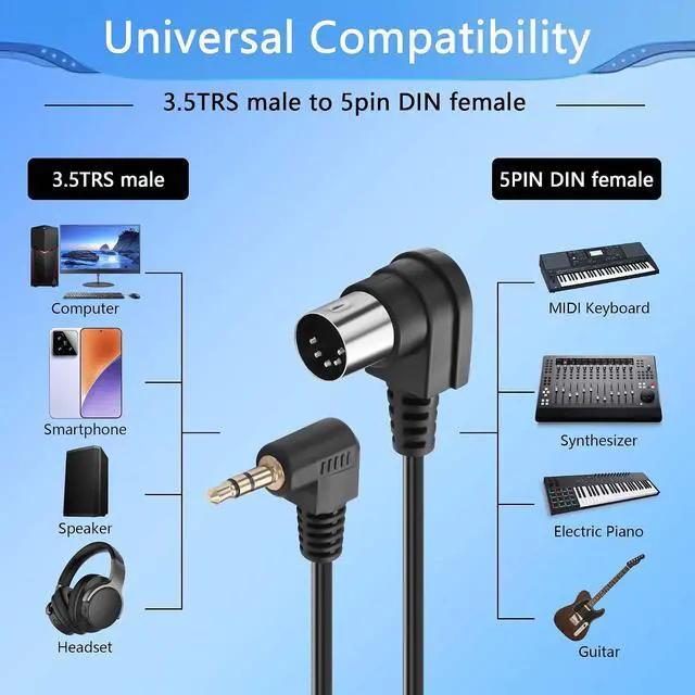 Alt view image 2 of 6 - 2PCS 5 Pin DIN to 3.5mm Cable,90 Degree MIDI Din 5 Pin Male to 90 Degree 3.5mm 1/8'' Male TRS Stereo Jack Audio Cable for Speaker, MIDI Keyboard (1.5M/5FT)