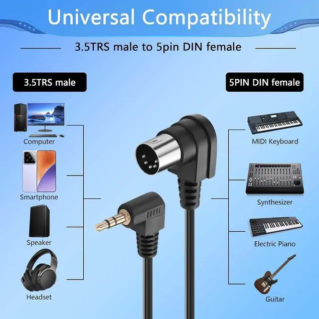 Alt view image 2 of 6 - 2PCS 5 Pin DIN to 3.5mm Cable,90 Degree MIDI Din 5 Pin Male to 90 Degree 3.5mm 1/8'' Male TRS Stereo Jack Audio Cable for Speaker, MIDI Keyboard (0.5M/1.6FT)