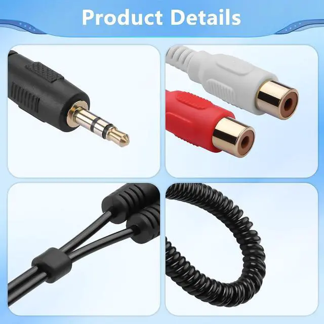 Alt view image 5 of 7 - 3.5mm to 2 RCA Stereo Audio Coiled Cable,1/8" TRS Male to 2 RCA Female Gold-Plated Coiled Spring Y Splitter Cable,for Connecting Amplifiers, Speakers, Etc- Up to 0.7M/2.3FT