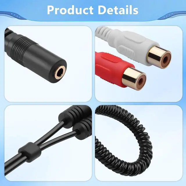 Alt view image 5 of 7 - 3.5mm to 2 RCA Stereo Audio Coiled Cable,1/8" TRS Female to 2 RCA Female Gold-Plated Coiled Spring Y Splitter Cable,for Connecting Amplifiers, Speakers, Etc- Up to 0.7M/2.3FT