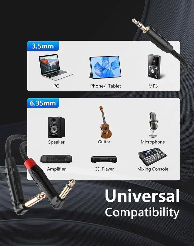 Alt view image 7 of 7 - 3.5mm TRS to Dual 6.35mm TS Mono Y-Cable, 1/8" Stereo Male to 90 Degree 1/4" Mono Male Audio Splitter Cord for Mixer, Amplifier, Home Stereo, Guitar Amp - 0.3M/1FT