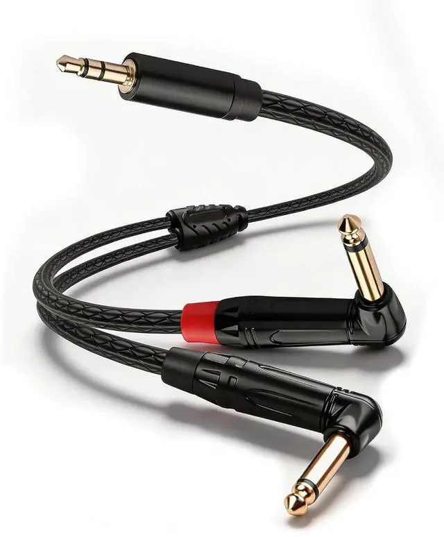 Main image of 3.5mm TRS to Dual 6.35mm TS Mono Y-Cable, 1/8" Stereo Male to 90 Degree 1/4" Mono Male Audio Splitter Cord for Mixer, Amplifier, Home Stereo, Guitar Amp - 0.3M/1FT
