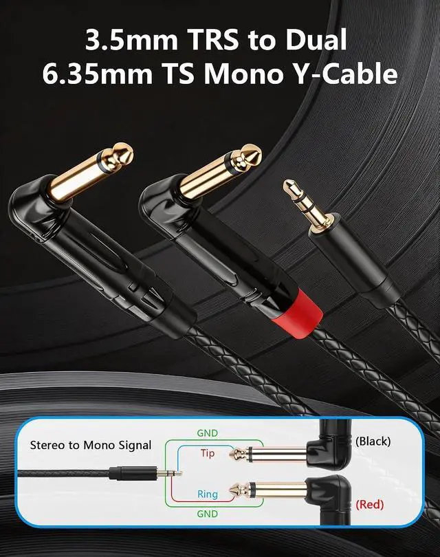 Alt view image 2 of 7 - 3.5mm TRS to Dual 6.35mm TS Mono Y-Cable, 1/8" Stereo Male to 90 Degree 1/4" Mono Male Audio Splitter Cord for Mixer, Amplifier, Home Stereo, Guitar Amp - 0.3M/1FT