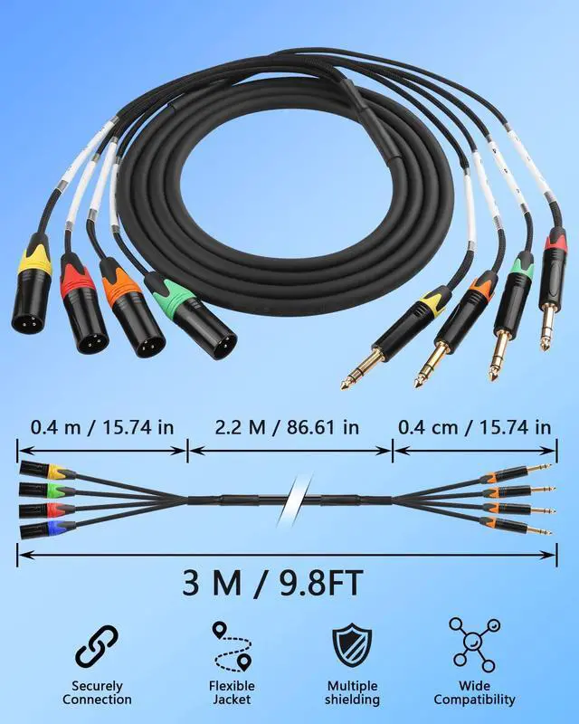 Alt view image 7 of 7 - 4 Channel 1/4" TRS to XLR Snake Audio Cable 9.8FT, XLR 3Pin Male to 6.35mm TRS Shielded Balanced Audio Extension Cable for Live Live, Recording, Studios, and Gigs - Patch, Amp, Mixer