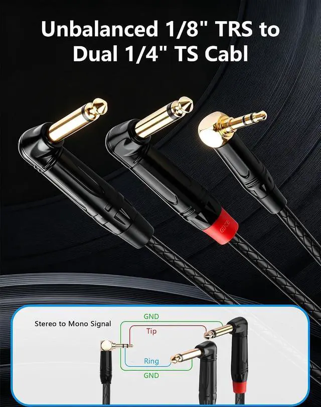 Alt view image 2 of 7 - 3.5mm TRS to Dual 6.35mm TS Mono Y-Cable, 90 Degree 1/8" Stereo Male to 90 Degree 1/4" Mono Male Audio Splitter Cord for Mixer, Amplifier, Home Stereo, Guitar Amp - 1.8M/6FT