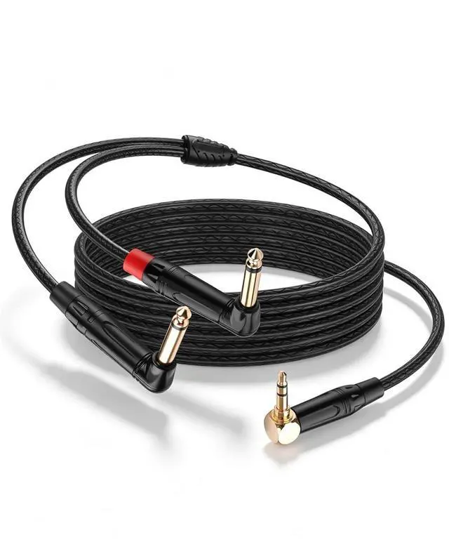 Main image of 3.5mm TRS to Dual 6.35mm TS Mono Y-Cable, 90 Degree 1/8" Stereo Male to 90 Degree 1/4" Mono Male Audio Splitter Cord for Mixer, Amplifier, Home Stereo, Guitar Amp - 1.8M/6FT