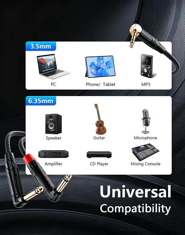Alt view image 7 of 7 - 3.5mm TRS to Dual 6.35mm TS Mono Y-Cable, 90 Degree 1/8" Stereo Male to 90 Degree 1/4" Mono Male Audio Splitter Cord for Mixer, Amplifier, Home Stereo, Guitar Amp - 1.8M/6FT