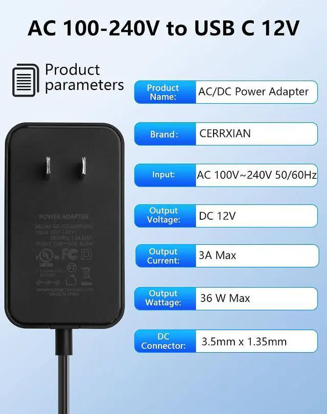 Alt view image 3 of 7 - 12V 3A Power Supply AC to DC 3.5mm x 1.35mm Adapter Supply AC 100-240V to DC 12V Transformer for CCTV Camera Router etc Devices - 4.92 FT