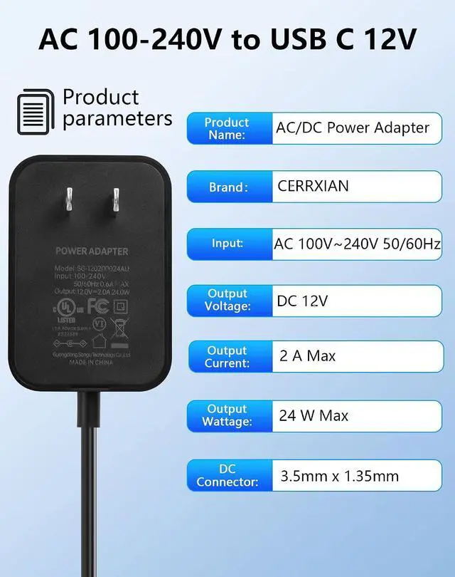 Alt view image 3 of 7 - 12V 2A Power Supply AC to DC 3.5mm x 1.35mm Adapter Supply AC 100-240V to DC 12V Transformer for CCTV Camera Router etc Devices - 4.92 FT