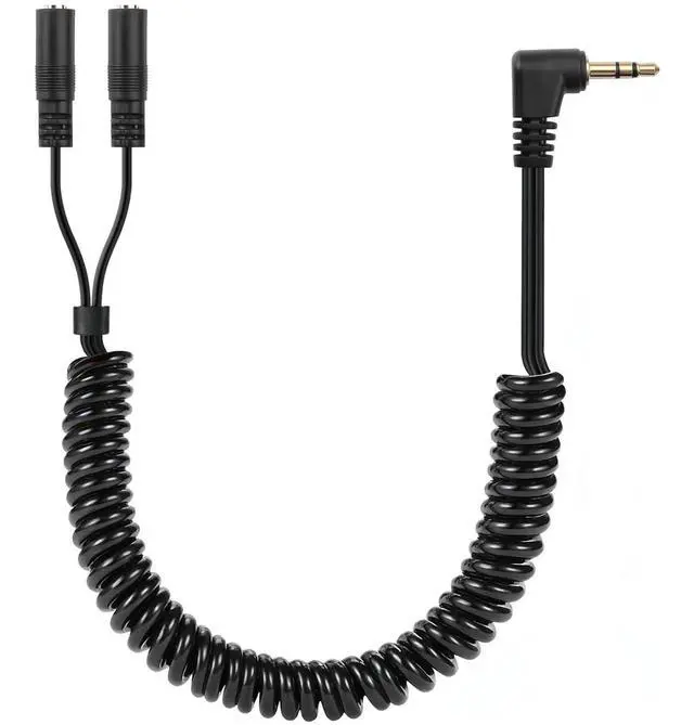 Main image of 90 Degree 3.5mm Male to 2 Female Spring Y Splitter Cable,Dual 3.5mm Coiled Cord,1/8" TRS 1 Male to 2 Female Plug Audio Splitter Coiled Cable for Home,Phone, Headset,Speakers Etc
