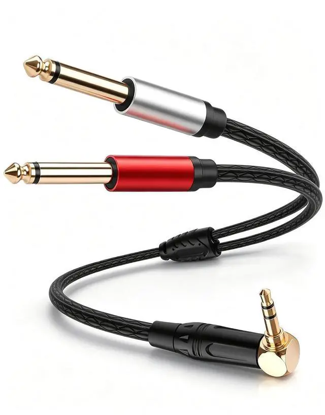 Main image of 3.5mm TRS to Dual 6.35mm TS Mono Y-Cable, 90 Degree 1/8" Stereo Male to 1/4" Mono Male Audio Splitter Cord for Mixer, Amplifier, Home Stereo, Guitar Amp - 0.3M/1FT