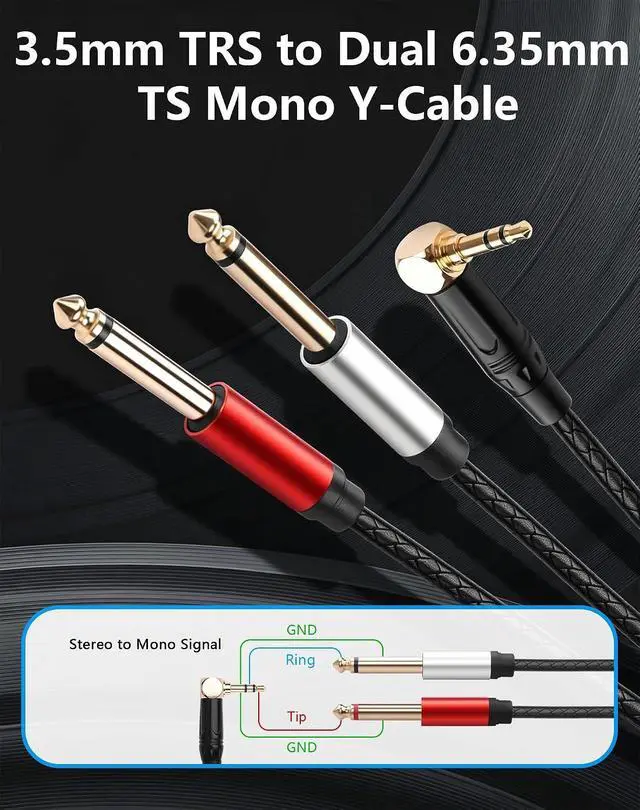 Alt view image 2 of 7 - 3.5mm TRS to Dual 6.35mm TS Mono Y-Cable, 90 Degree 1/8" Stereo Male to 1/4" Mono Male Audio Splitter Cord for Mixer, Amplifier, Home Stereo, Guitar Amp - 1.8M/6FT