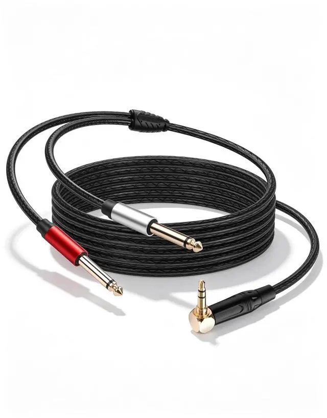 Main image of 3.5mm TRS to Dual 6.35mm TS Mono Y-Cable, 90 Degree 1/8" Stereo Male to 1/4" Mono Male Audio Splitter Cord for Mixer, Amplifier, Home Stereo, Guitar Amp - 1.8M/6FT