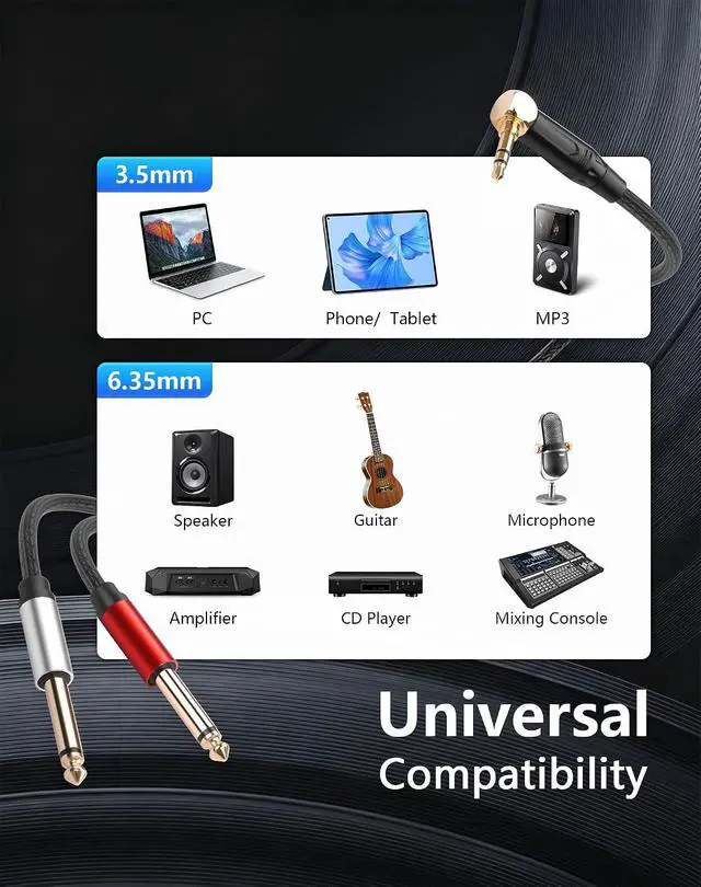 Alt view image 7 of 7 - 3.5mm TRS to Dual 6.35mm TS Mono Y-Cable, 90 Degree 1/8" Stereo Male to 1/4" Mono Male Audio Splitter Cord for Mixer, Amplifier, Home Stereo, Guitar Amp - 0.3M/1FT