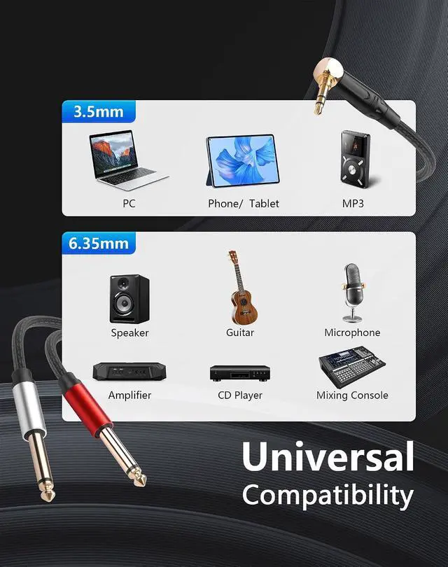 Alt view image 7 of 7 - 3.5mm TRS to Dual 6.35mm TS Mono Y-Cable, 90 Degree 1/8" Stereo Male to 1/4" Mono Male Audio Splitter Cord for Mixer, Amplifier, Home Stereo, Guitar Amp - 1.8M/6FT