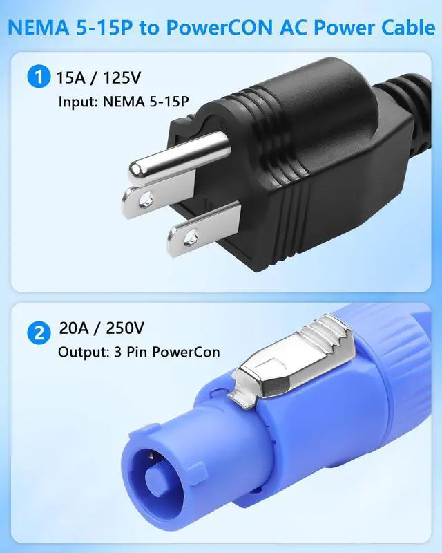Alt view image 2 of 7 - 3-Prong NEMA 5-15P to PowerCON AC Power Cable 20A 16AWG NEMA 5-15P Male to 3 Pin PowerCon Male Connector Extension Power Wire for Outdoor Stage Light Series LED Screen - 1M / 3.2FT