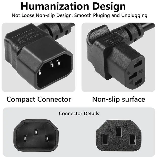 Alt view image 3 of 6 - 30cm/1ft IEC 320 90 Degree C13 to C14 Power Cable,18AWG Down Angle IEC 320 C13 3 Pin Female to Left Angle C14 3 Pin Male Power Supply Extension Cord for Computer LED HDTV Monitor and Scanner