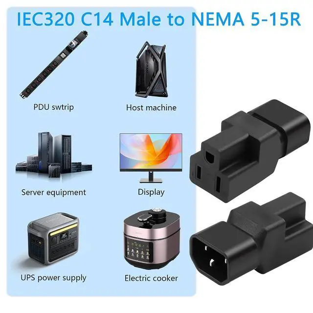 Alt view image 2 of 7 - 2 Pack IEC320 C14 Male to NEMA 5-15R PDU USA UPS Extension Power Plug Adapter, 5-15R to C14 Converter Connector, 10A 125V