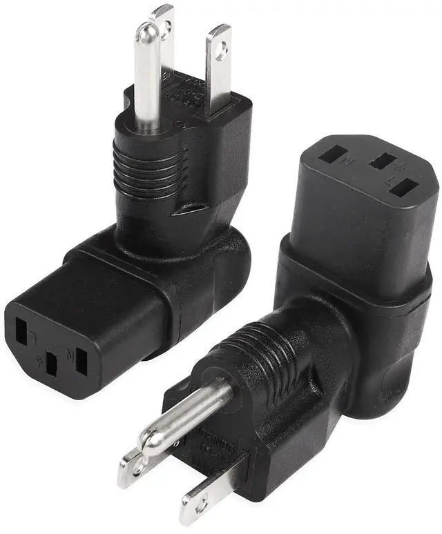 Main image of 90 Degree NEMA 5-15P to IEC 320 C13 Female 10A/125V Computer Power Extension Adapter, 3 Prong USA C13 to NEMA 5-15R Plug Power Adapter - 2 Pack