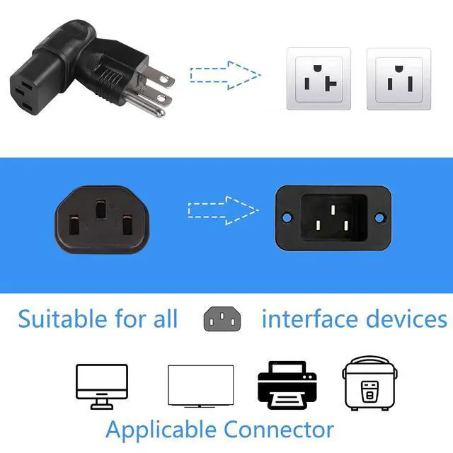 Alt view image 3 of 7 - 90 Degree NEMA 5-15P to IEC 320 C13 Female 10A/125V Computer Power Extension Adapter, 3 Prong USA C13 to NEMA 5-15R Plug Power Adapter - 2 Pack