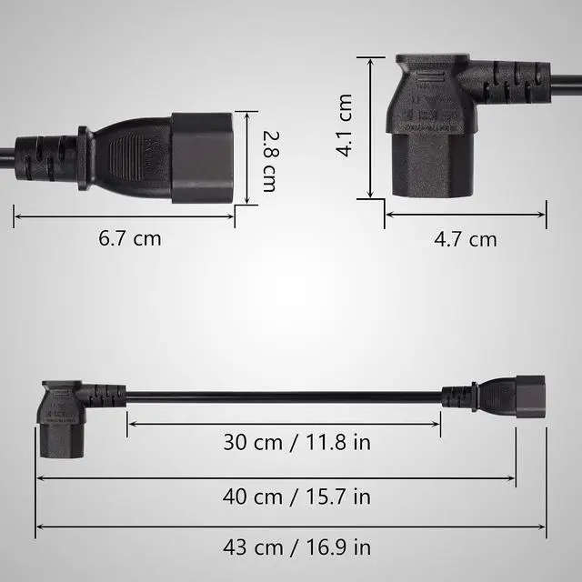 Alt view image 5 of 6 - 40cm Left Angle IEC 320 C13 to C14 Power Cable, 90 Degree C14 Male to C13 Female PDU Power Supply Extension Cord for Monitors,Computers,Etc(Lc13-c14)