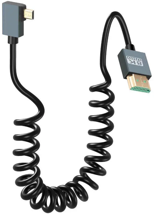 Main image of 8K Right Angled Micro HDMI to HDMI Cable, 48Gbps High Speed 90 Degree Micro HDMI to HDMI Coiled Cable Support 8K@60Hz 4K@120Hz Dynamic HDR Compatible with Laptop Camera Monitor 3FT